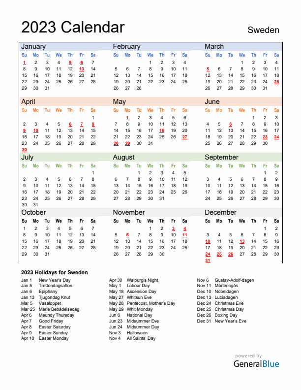 Sweden calendar with holidays