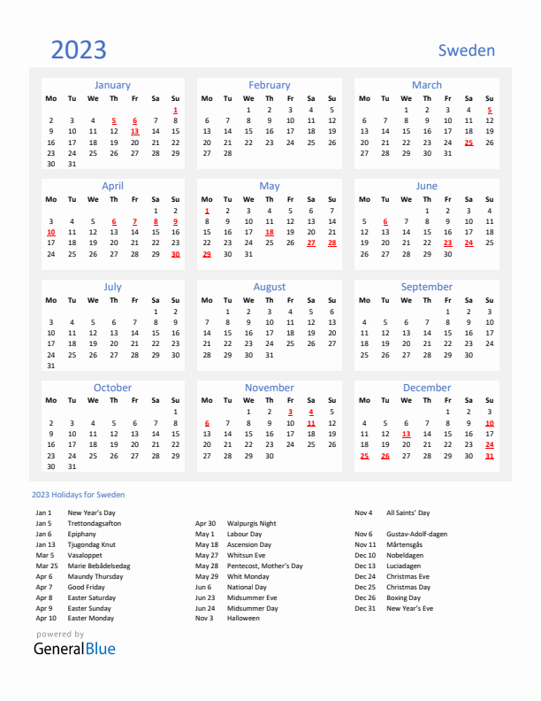 Sweden calendar with holidays