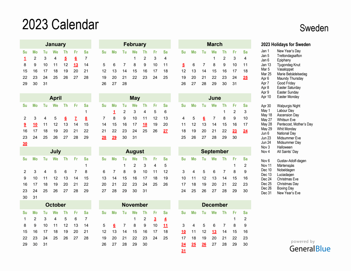 Holiday calendar for sweden sunday start