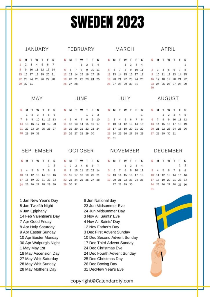 Free printable sweden calendar with public holidays