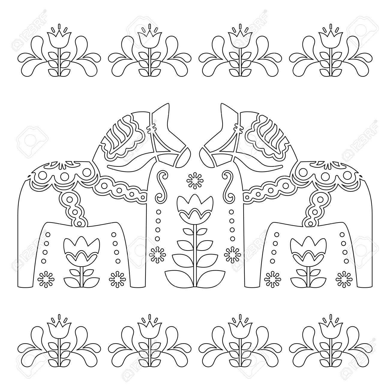 Scandinavian outline vector design swedish dala or dalecarlian horse pattern coloring book for adults royalty free svg cliparts vectors and stock illustration image