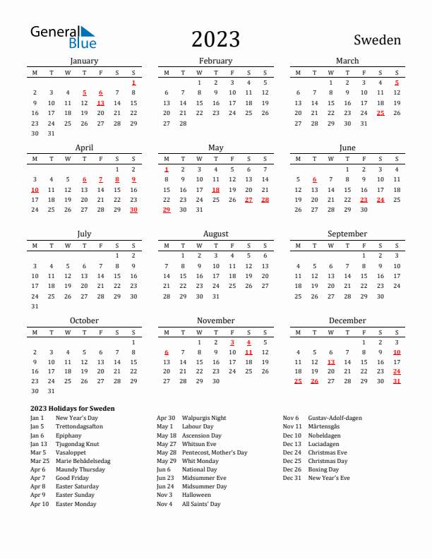 Sweden calendar with holidays