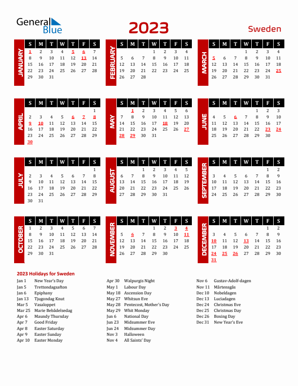 Sweden calendar with holidays