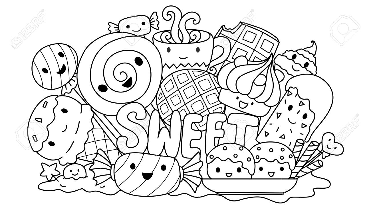 Cute sweets monsters for design element and coloring book page for kids vector illustration royalty free svg cliparts vectors and stock illustration image