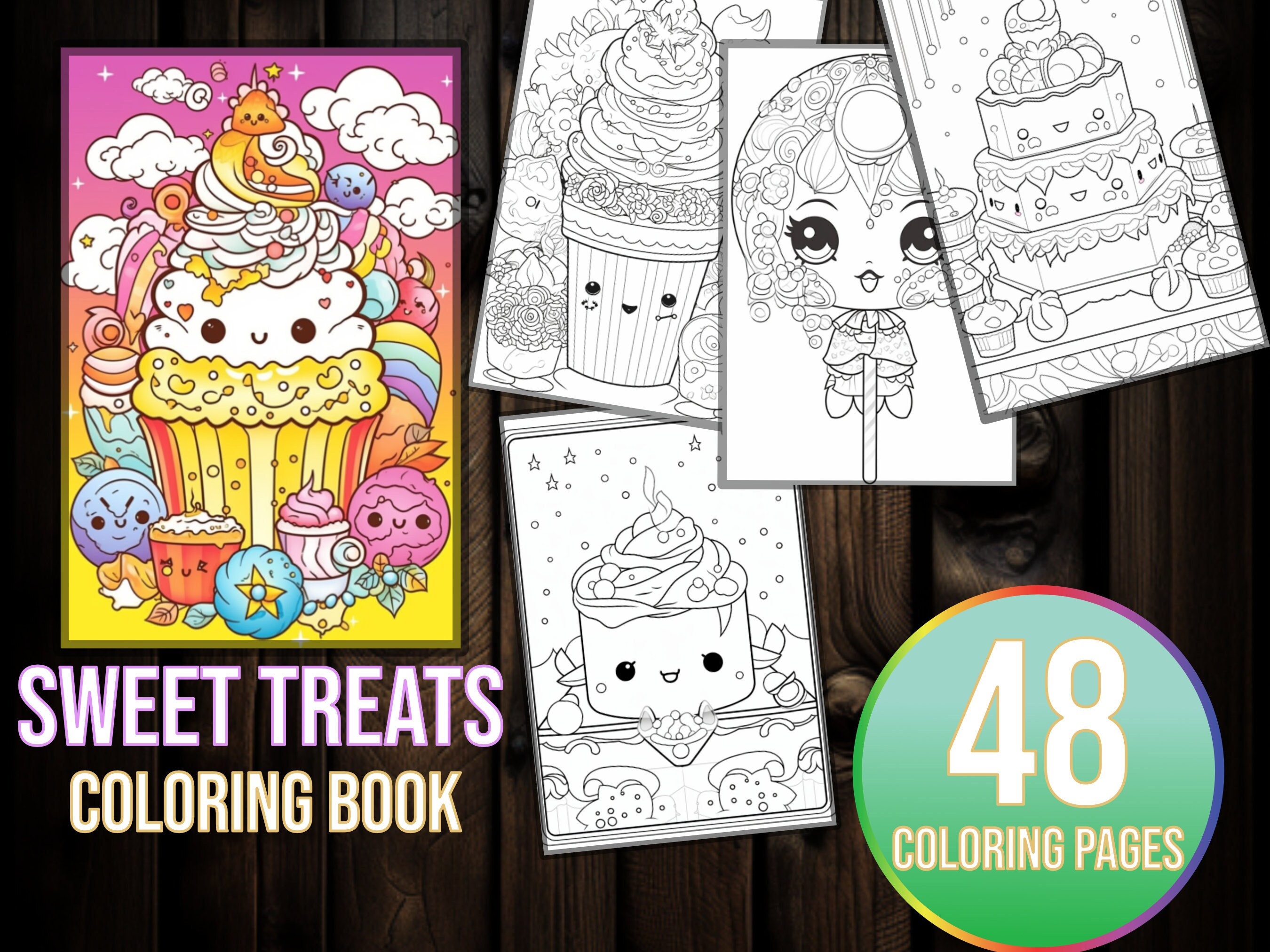 Sweet treats kawaii food coloring book printable pdf download pages cute coloring pages with ice cream cakes candy cookies dessert