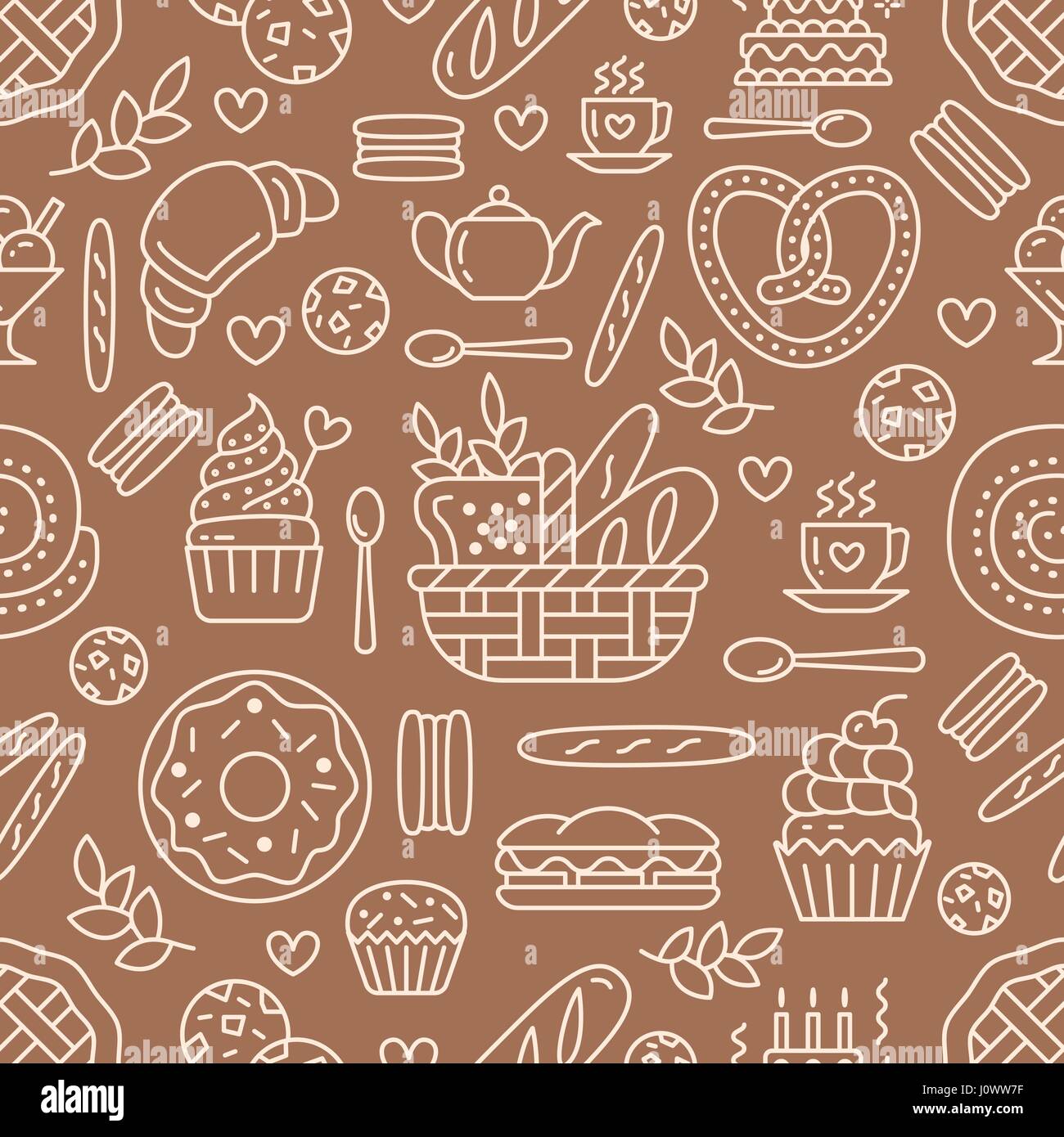 Bakery seamless pattern food vector background of brown white color confectionery products thin line icons