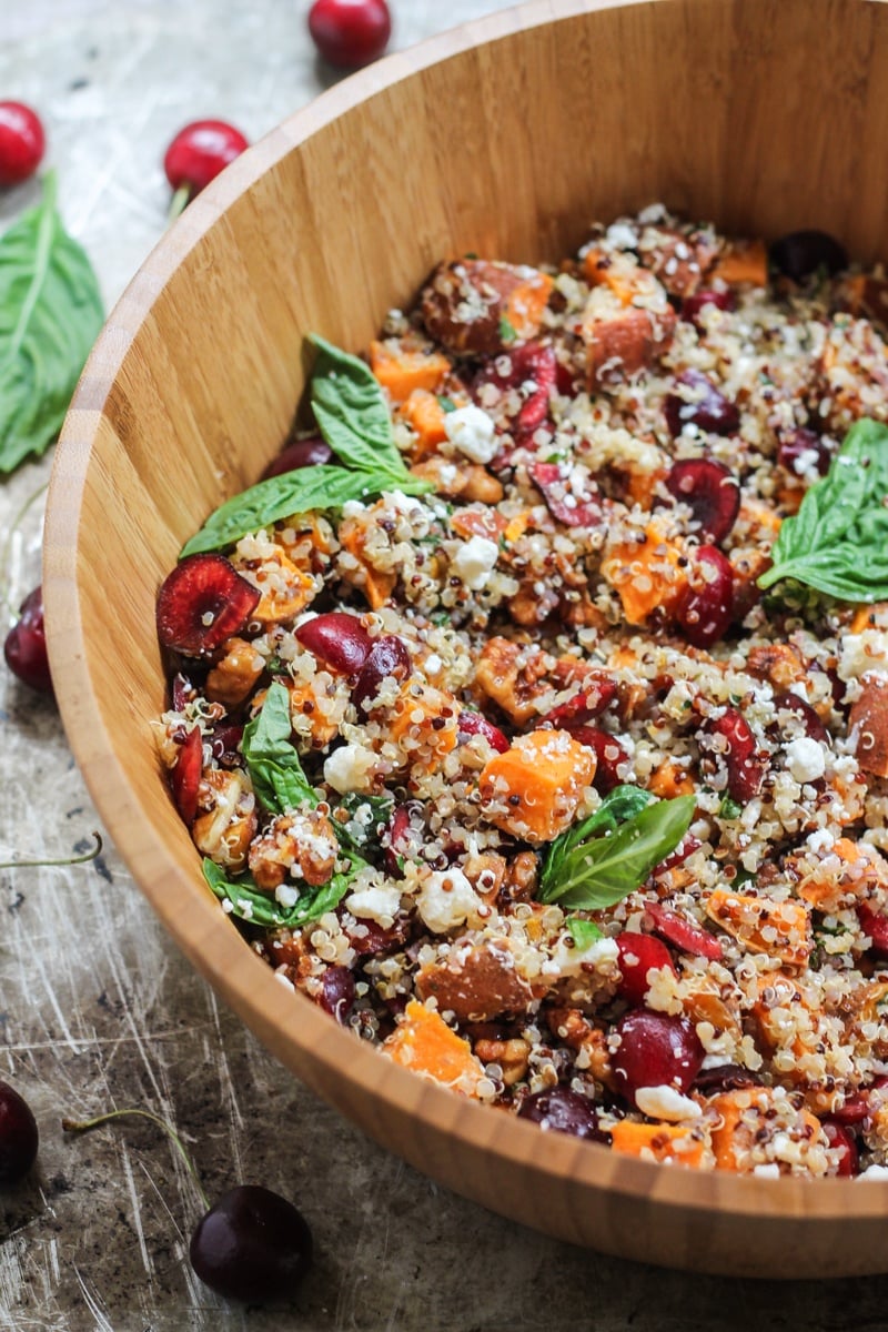 Sweet potato quinoa salad with cherries goat cheese candied walnuts