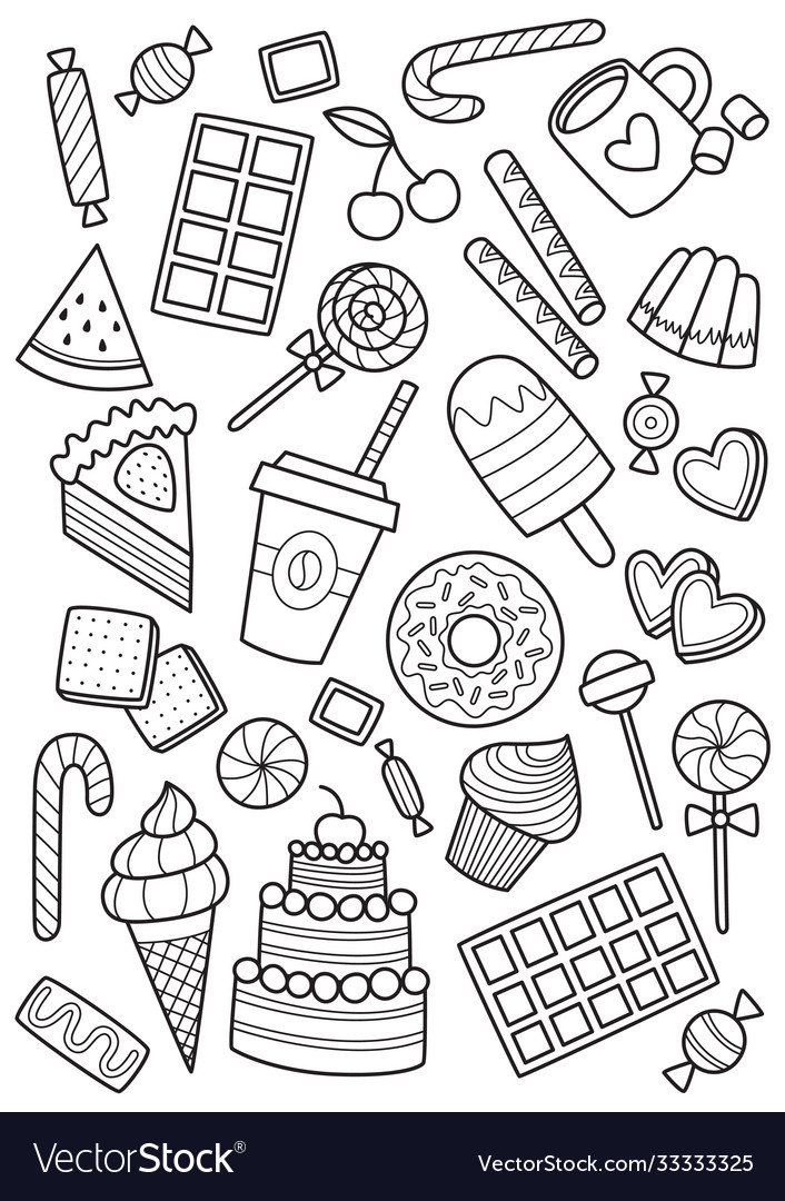 Sweets doodle coloring book page antistress vector image