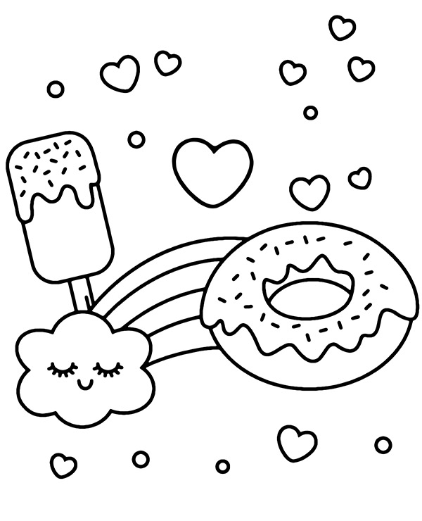 Printable sweets and hearts coloring page