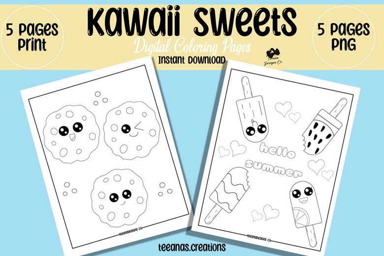 Kawaii sweets coloring pages page instant download for print