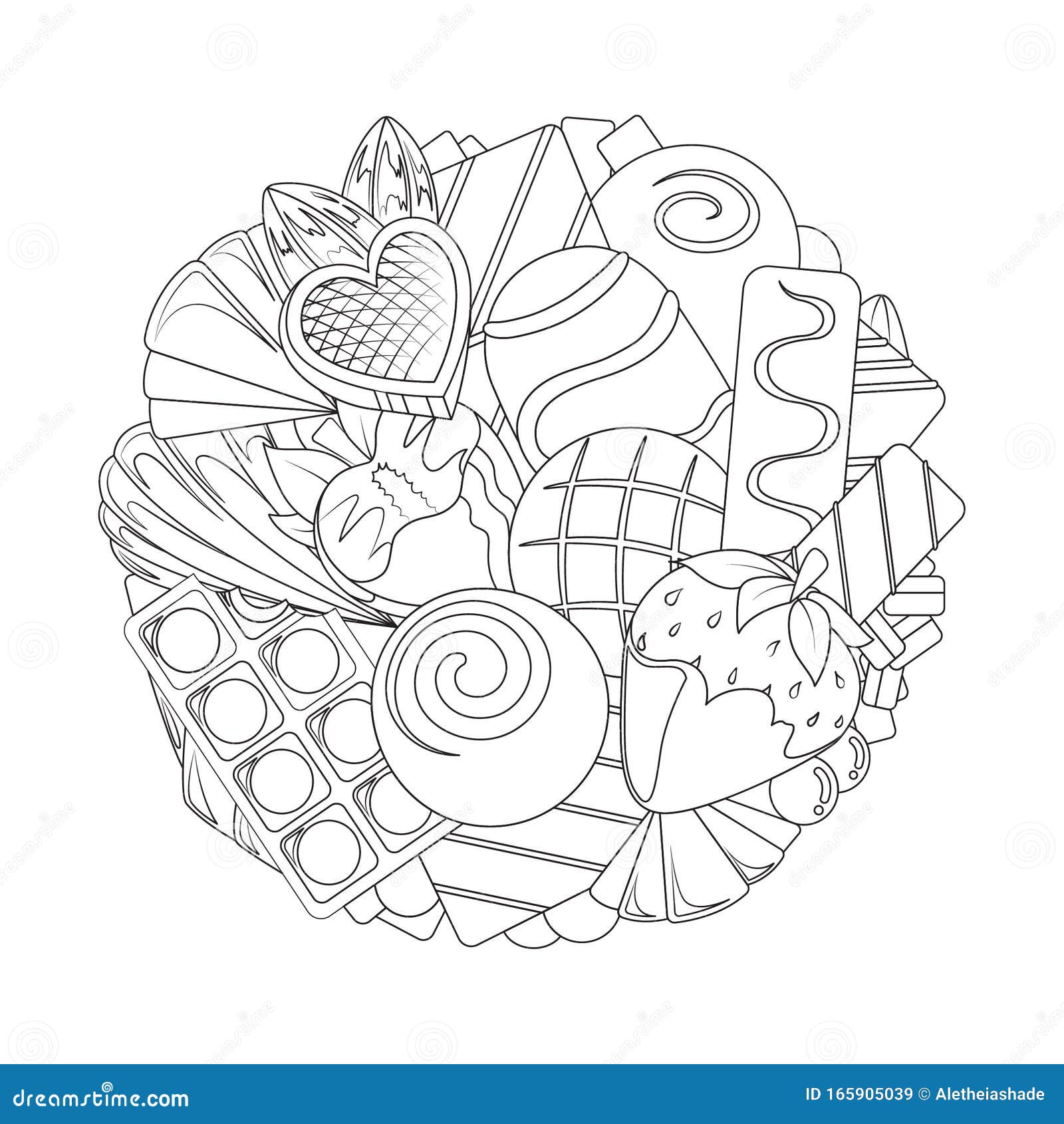 Chocolate and strawberries dessert sweets collage adult children kids coloring book page line art printable vector cartoon illu stock vector