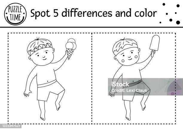 Summer find differences game for children with cute kid in swimming trunks and icecream beach holidays