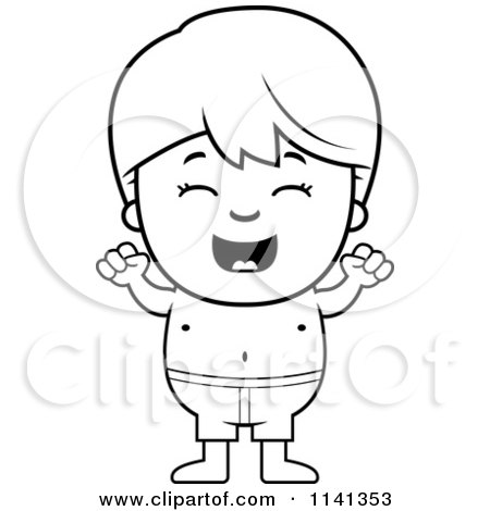 Cartoon clipart of a black and white cheering boy in swim trunks