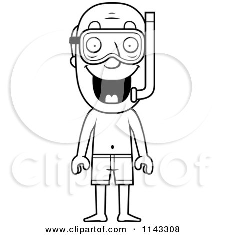 Cartoon clipart of a black and white summer grandpa in snorkel gear and swim shorts