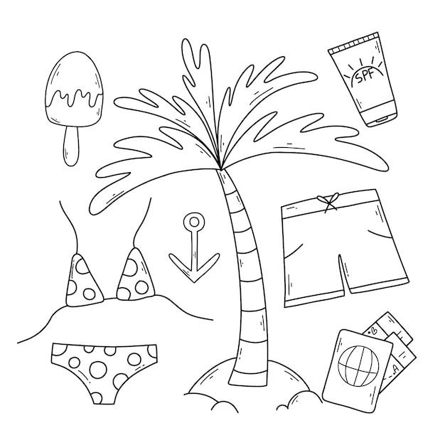 Premium vector set of summer elements in doodle style vector illustration linear collection with swimwear swimming trunks passport cream palm vacation items collection