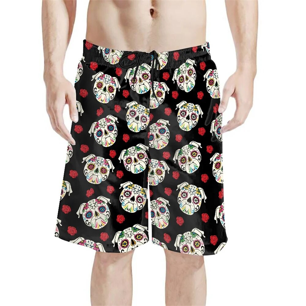 Mens casual shorts outfits skull coloring pages mexico tattoo pink flower pattern print custom fitness exercise beach shorts