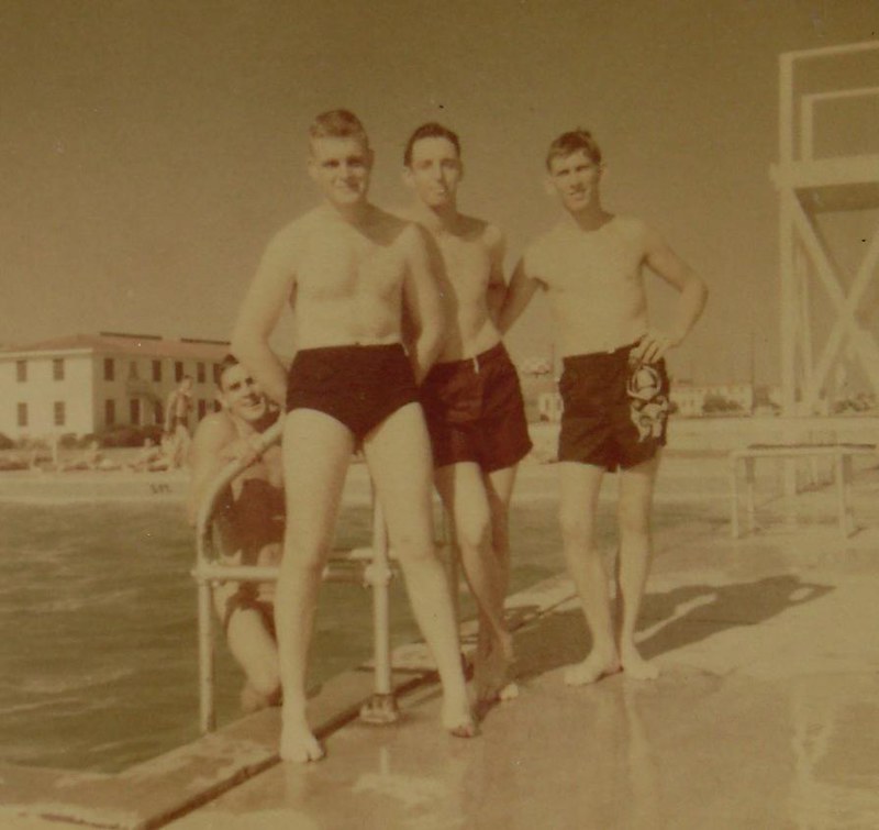 S shirtless men in color vintage photo swim trunks bâ