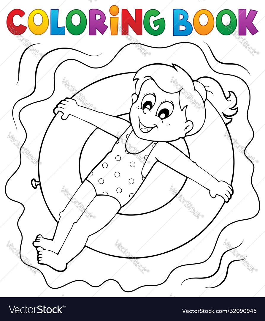 Coloring book girl on swim ring royalty free vector image