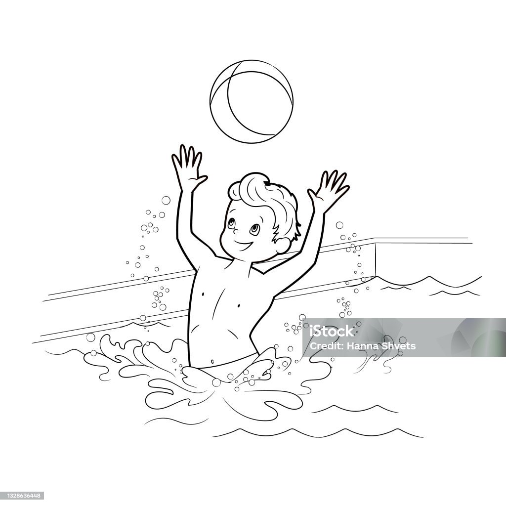 Coloring book boy swimmer playing ball in the pool of water vector illustration in cartoon style black and white line art for children on the theme of sports stock illustration