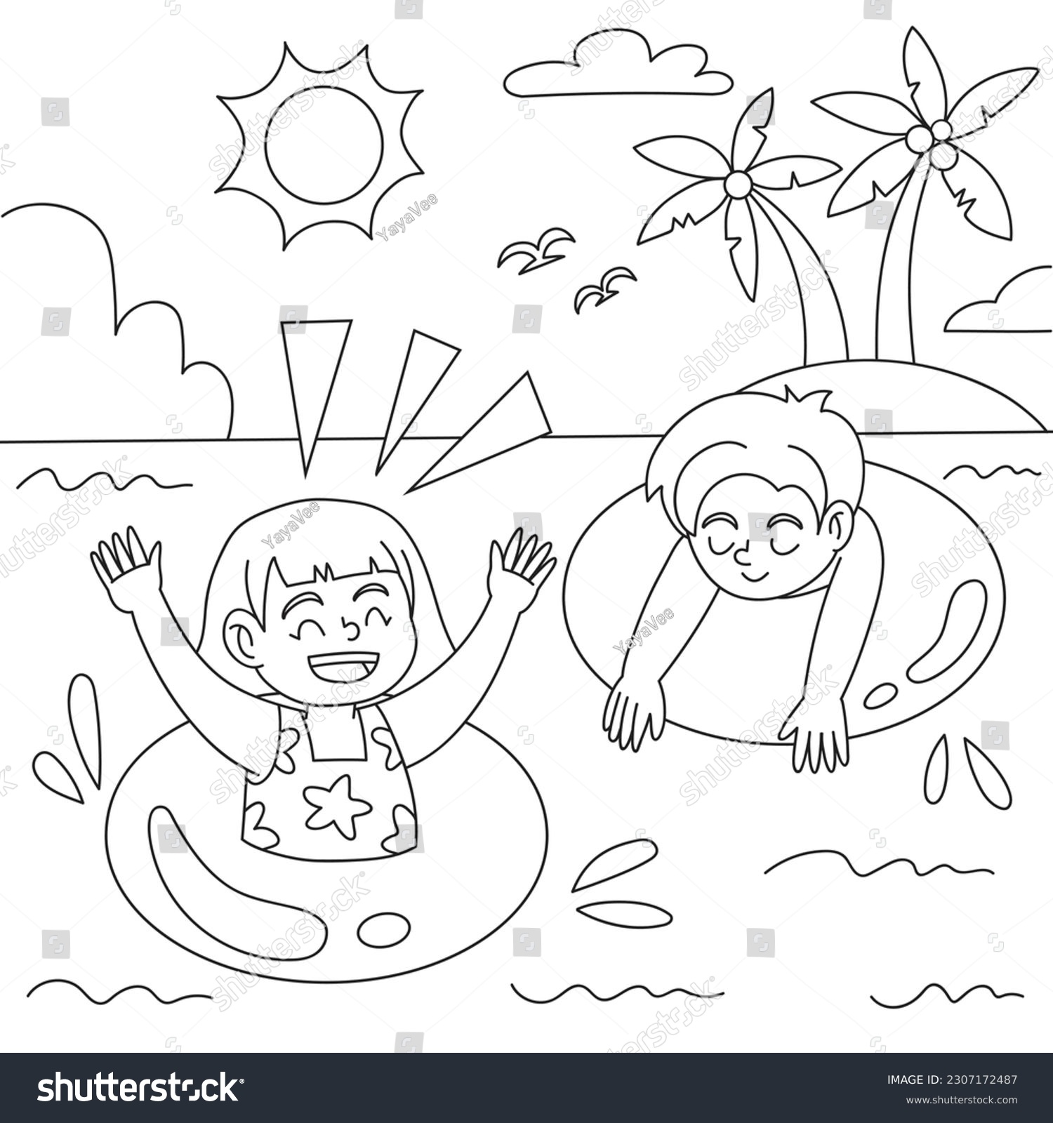 Kids swimming beach coloring page vector stock vector royalty free