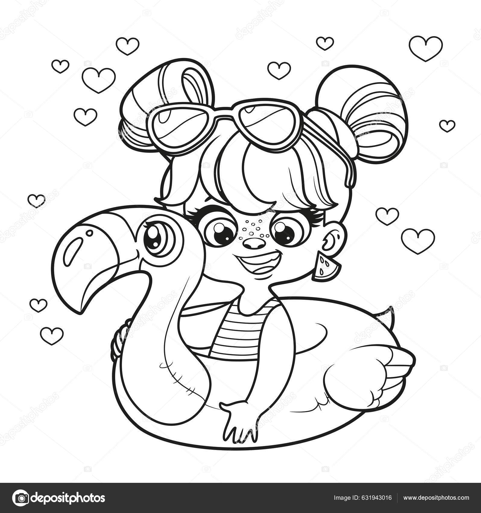 Cute cartoon girl swimsuit flamingo inflatable ring swimming coloring page stock vector by yadviga