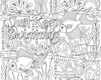 Just keep swimming coloring page under the sea design fishes plants corals digital download