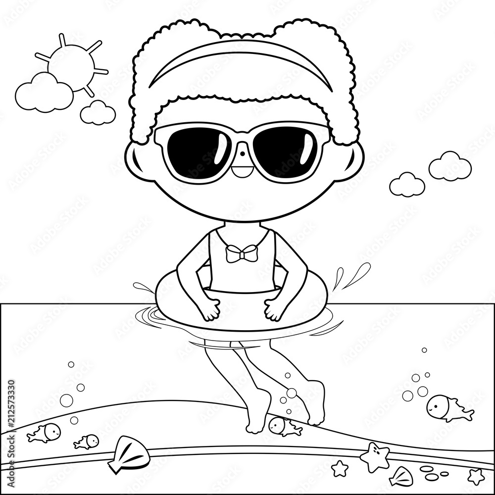 Girl swimming in the sea vector black and white coloring page vector