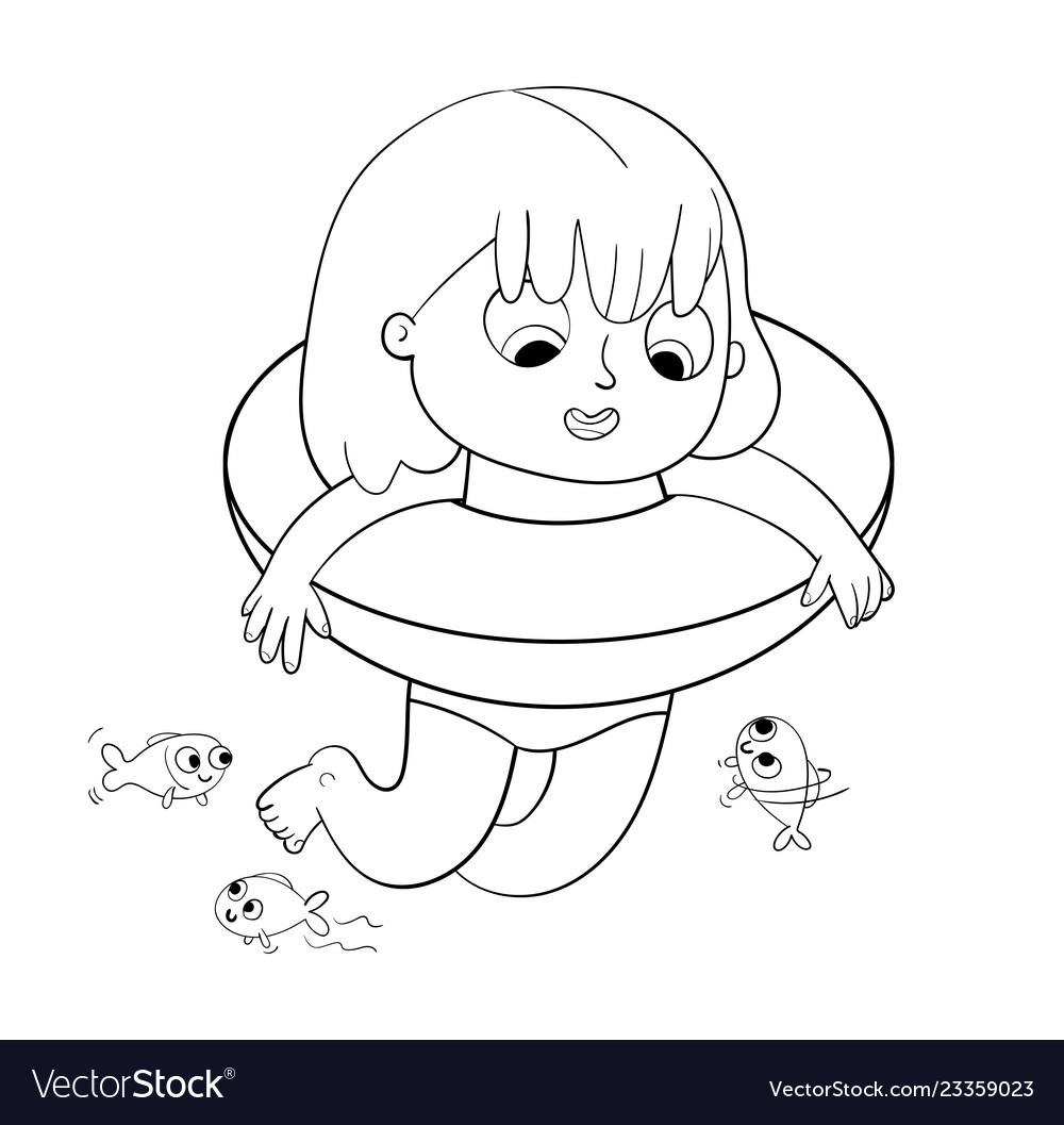 Girl swimming with lifebuoy coloring book vector image