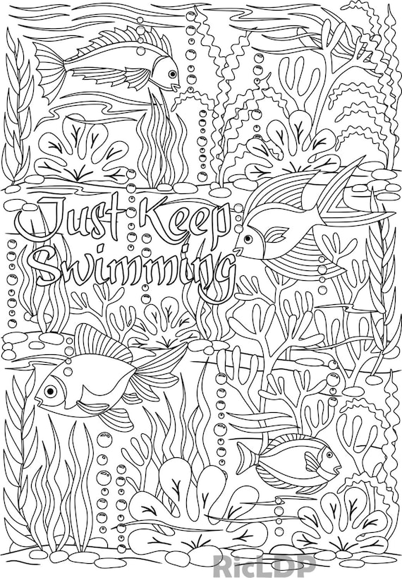 Just keep swimming coloring page under the sea design fishes plants corals digital download