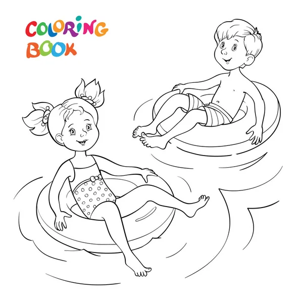 Coloring book page happy children swim rubber rings water stock vector by linaflerova