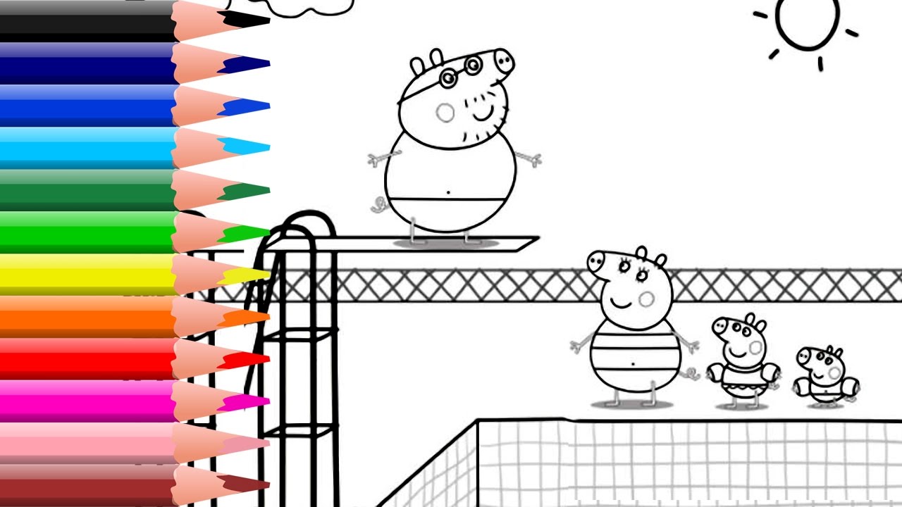 Peppa pig swimming pool coloring book pages kids fun art coloring video for kids