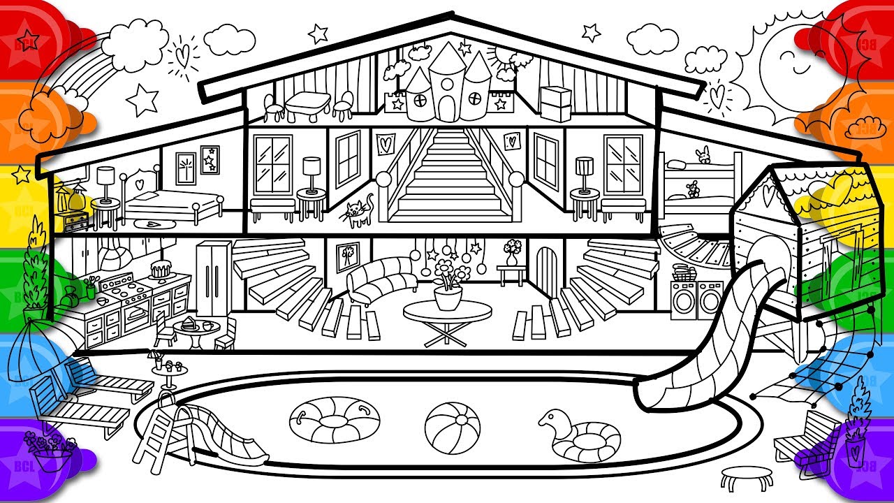 Glitter pool house coloring and drawing for kids how to draw a glitter pool house coloring page