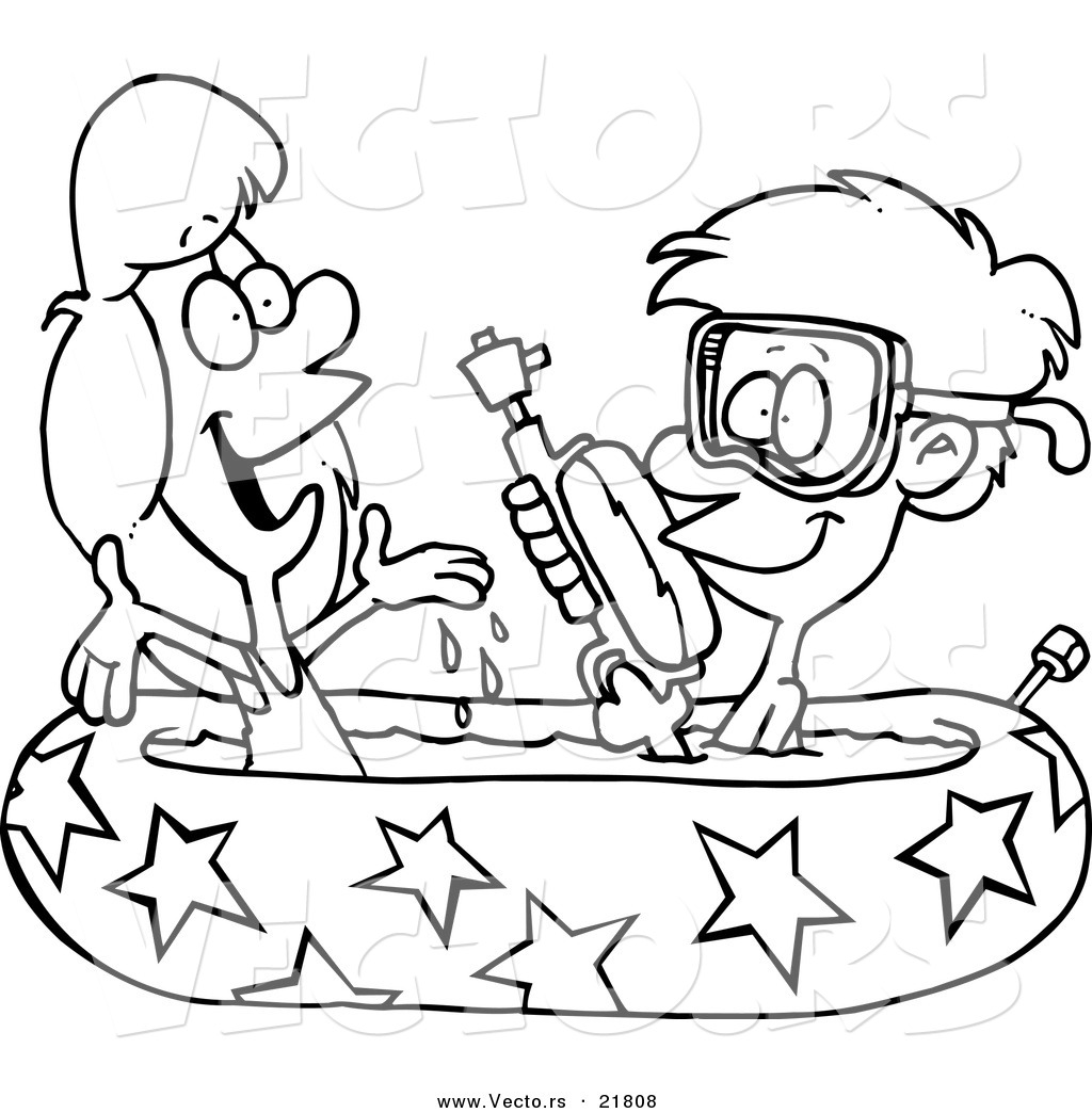 R of a cartoon boy and girl playing in a kiddie pool