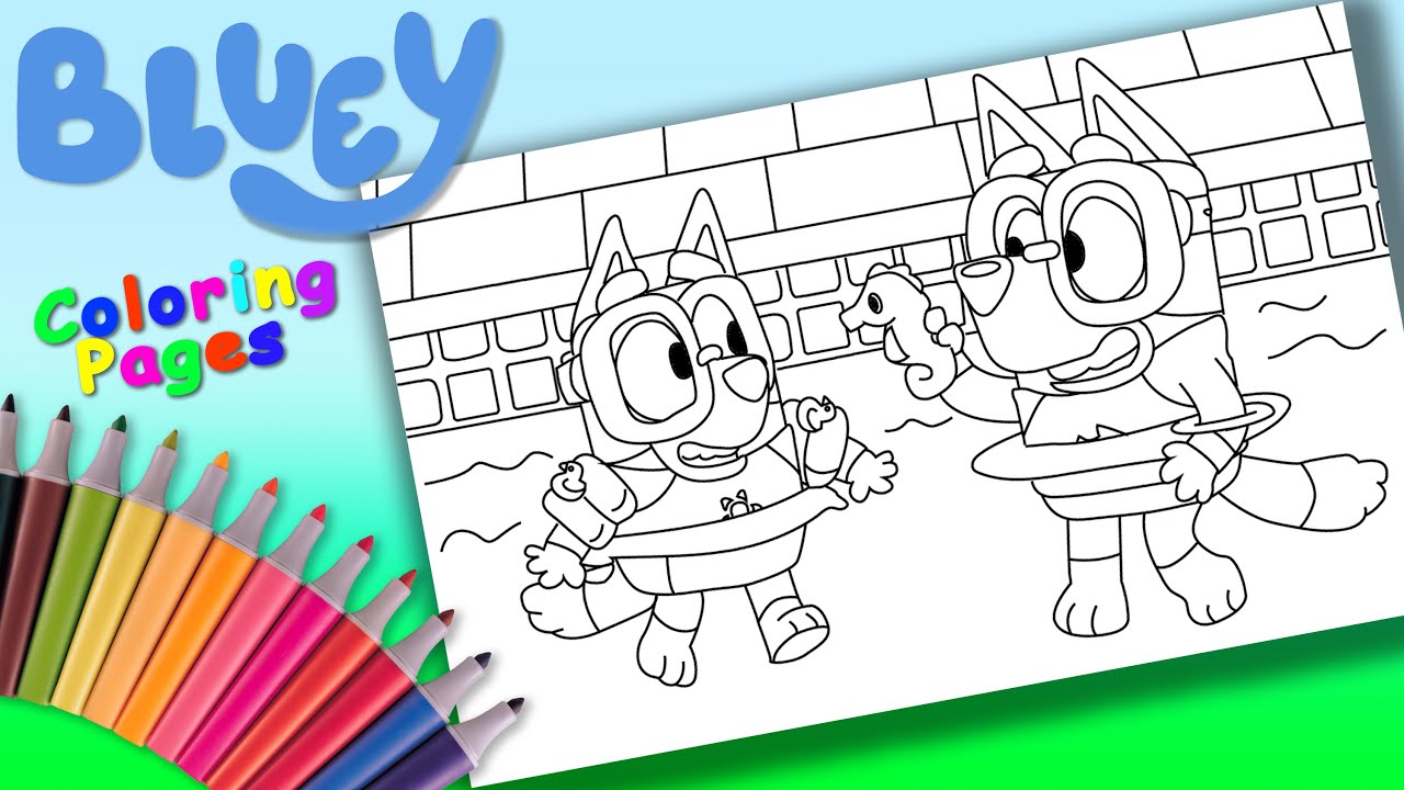 Bluey and bingo go to the pool coloring pages for kids bluey the pool disney junior uk