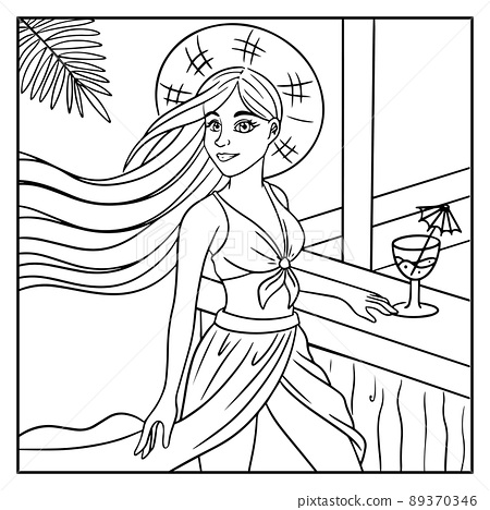 Coloring page with girl on beach pretty