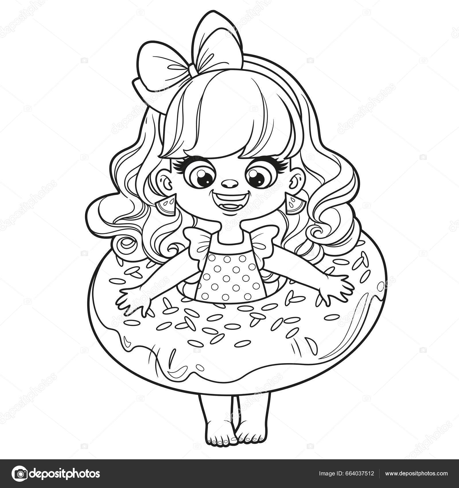 Cute cartoon girl swimsuit donut inflatable ring swimming coloring page stock vector by yadviga