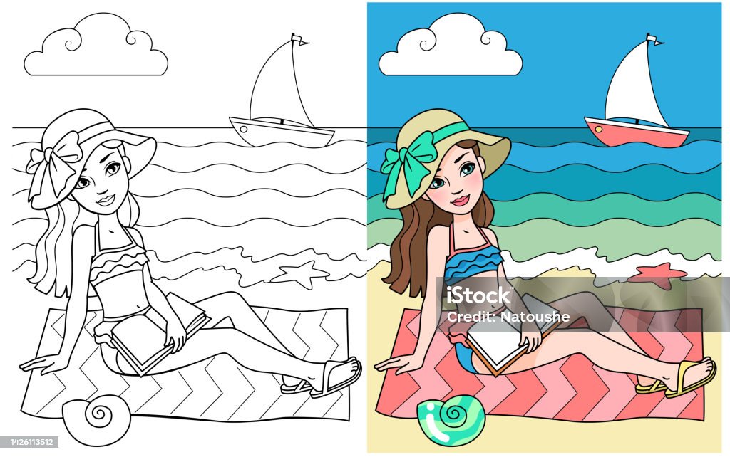 Coloring page girl in swimsuit rest at the seashore stock illustration