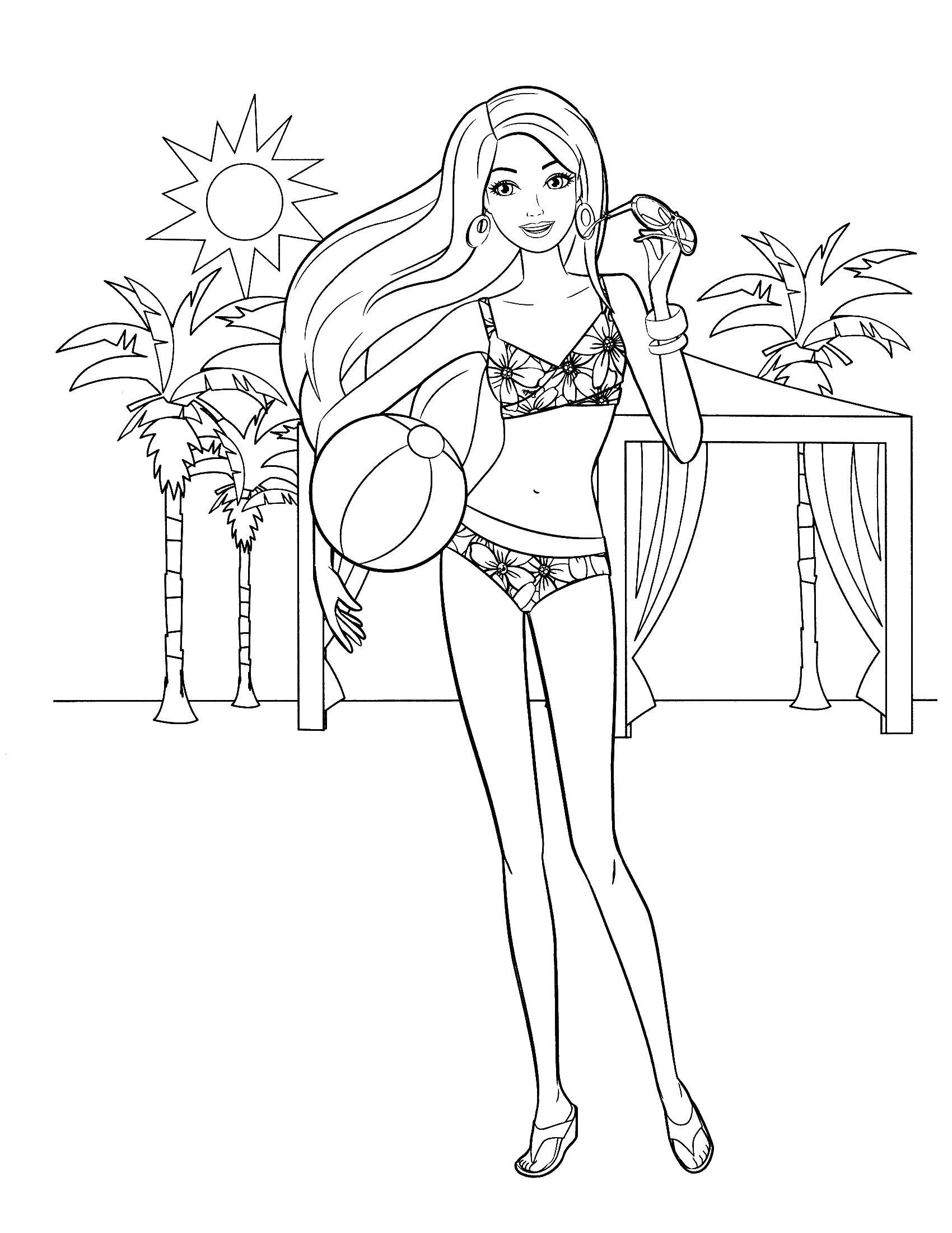 Online coloring pages coloring page barbie in a swimsuit on the beach fashionista download print coloring page