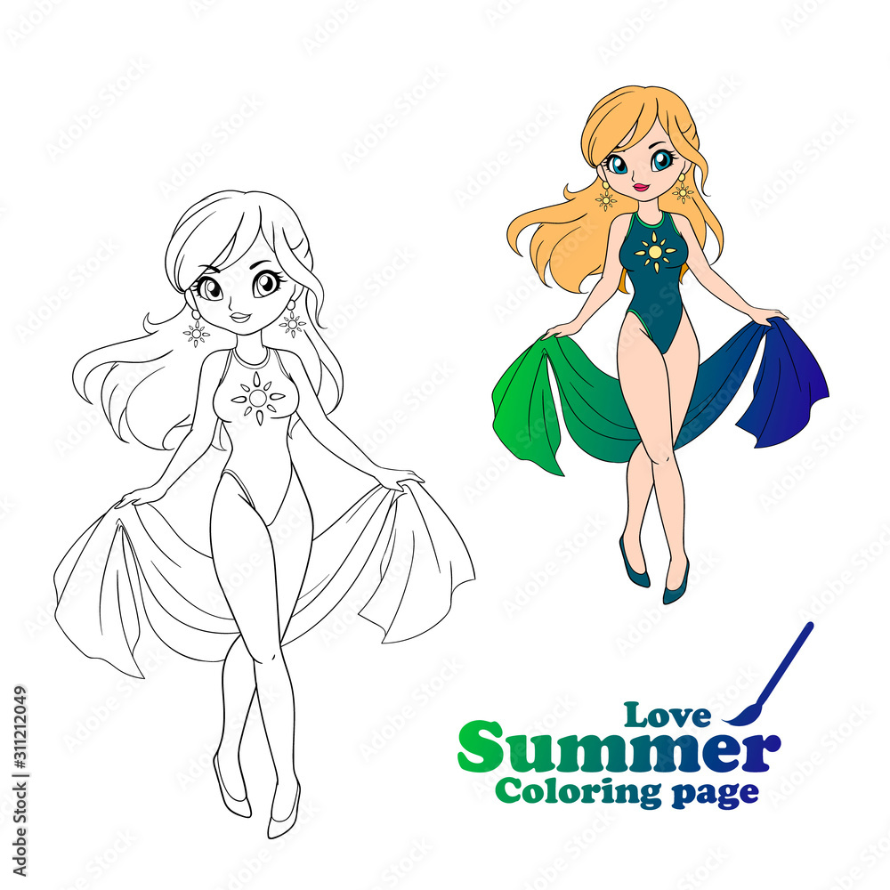 Hand drawn art anime cartoon style girl wearing swimsuit and pareo vector illustration can be used for coloring book vector