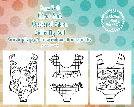 Summer bathing suits bikinis coloring pages pack seasonal coloring pages digital download file png jpeg pdf