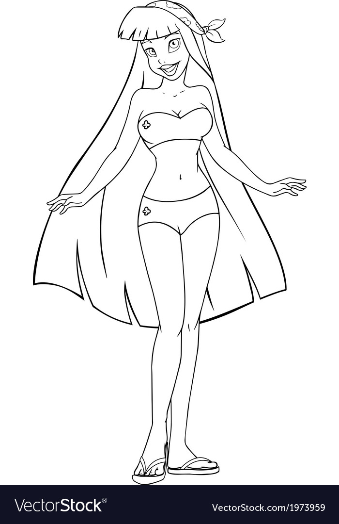 Asian woman in swimsuit coloring page royalty free vector