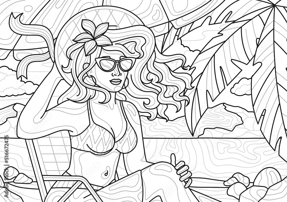 Fototapeta design for coloring book beautiful woman in swimsuit relaxing on beach and sunbathing vacation