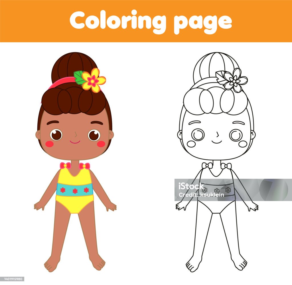 Coloring page with african american girl in swimsuit drawing kids activity printable fun for toddlers and children stock illustration