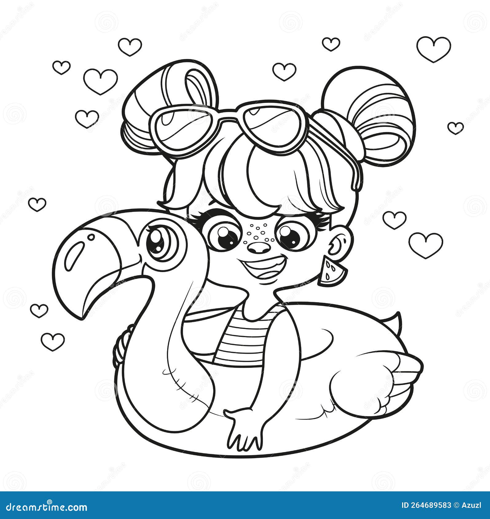 Cute cartoon girl in a swimsuit and with an flamingo inflatable ring for swimming coloring page on white stock vector