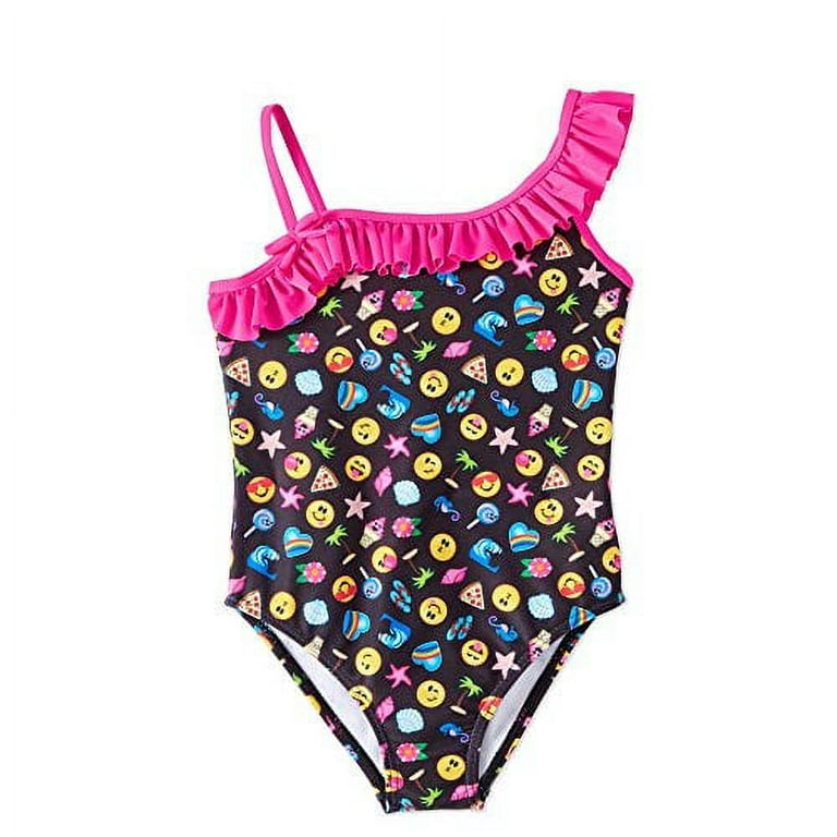 Emoji emojination little girls ruffle off the shoulder one piece swim wear swimsuit with upf sun protection black