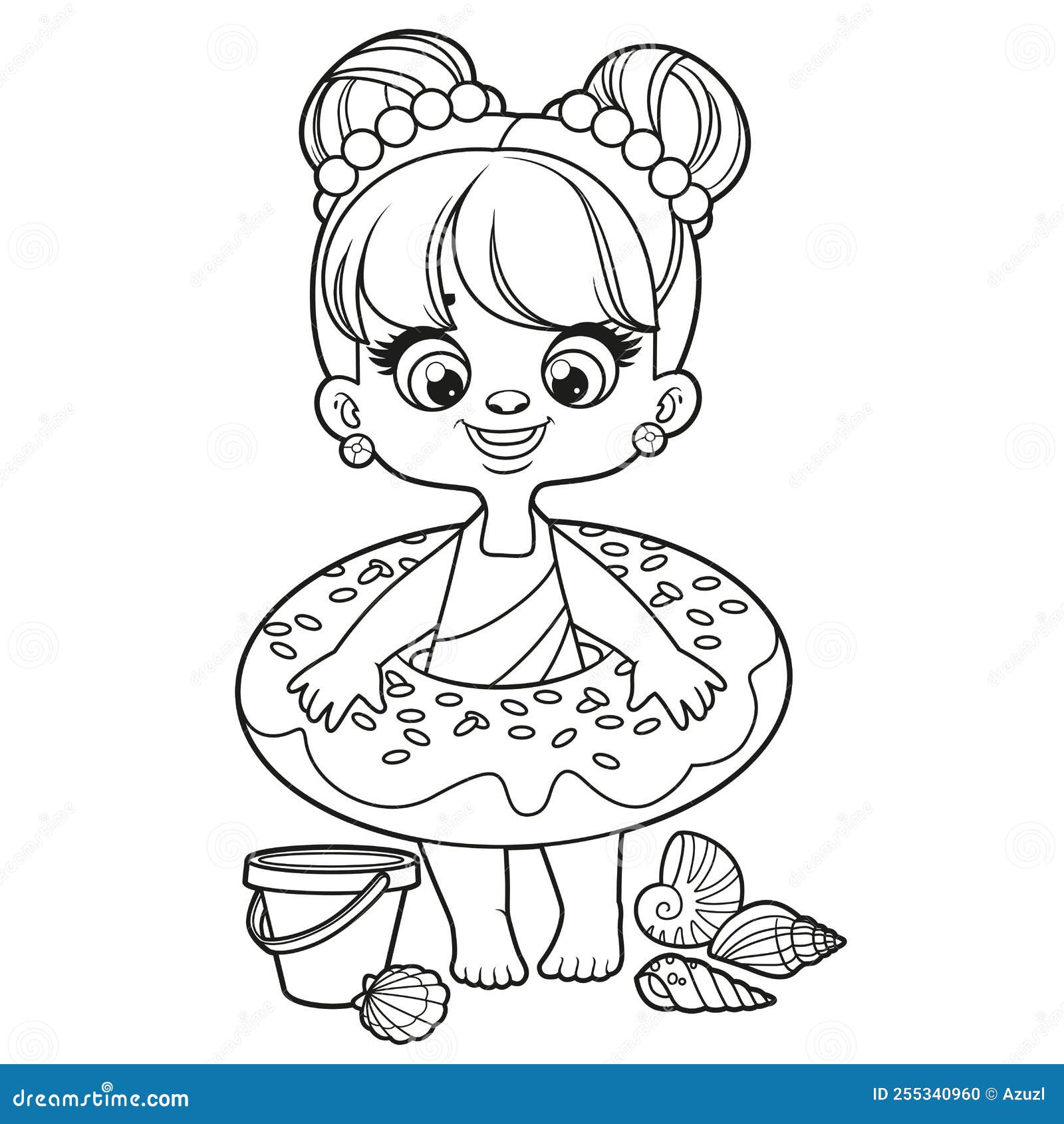 Cute cartoon girl in a swimsuit and with an inflatable ring for swimming coloring page on white stock vector