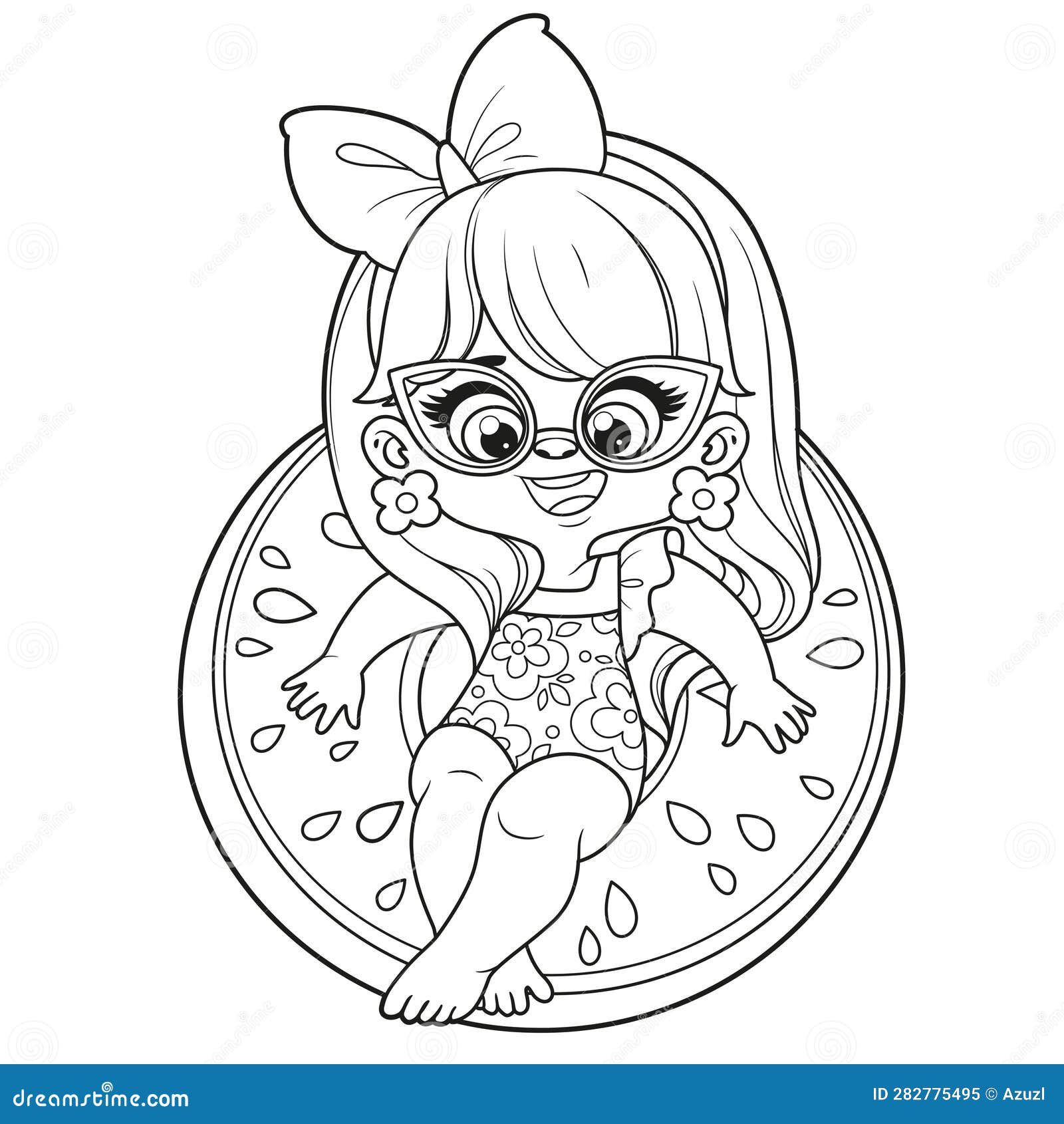 Cute cartoon girl in a swimsuit and sunglasses with an watermelon inflatable ring for swimming coloring page stock illustration