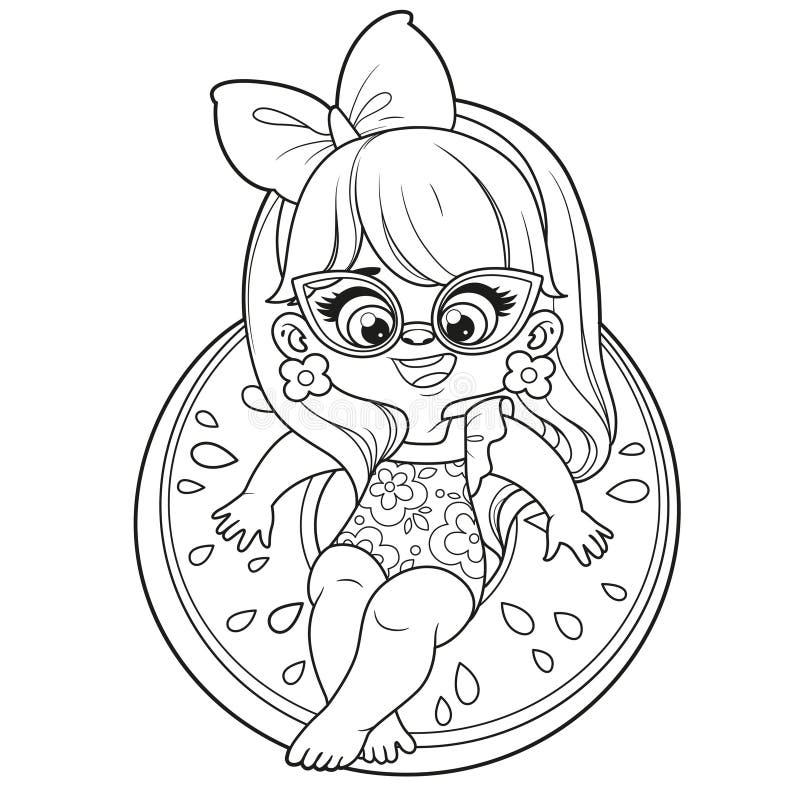 Cute cartoon girl in a swimsuit and sunglasses with an watermelon inflatable ring for swimming coloring page stock illustration