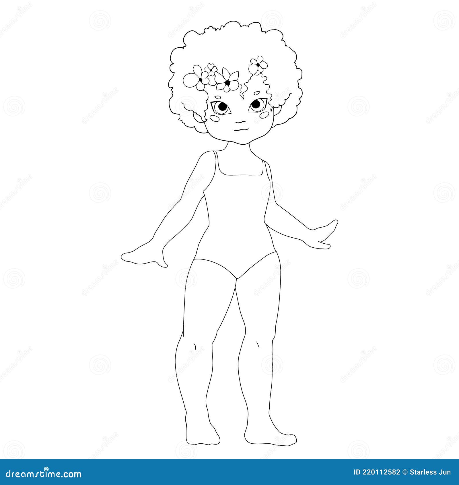 Little cute girl in a swimsuit coloring page outline isolated on white background black and white character vector stock vector