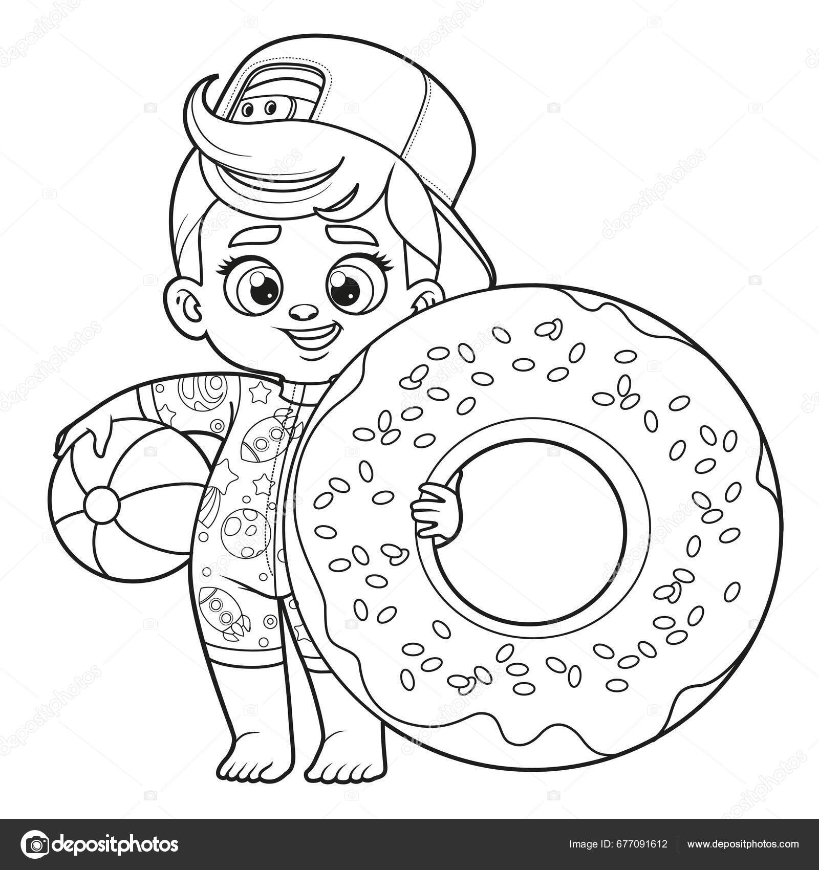 Cute cartoon boy swimsuit donut inflatable ring swimming outlined coloring stock vector by yadviga